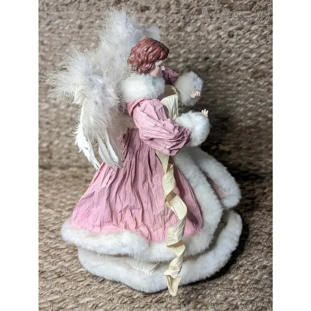 Christmas Pink Shabby Chic Faux Fur Feathers Victorian Angel Tree Topper 16